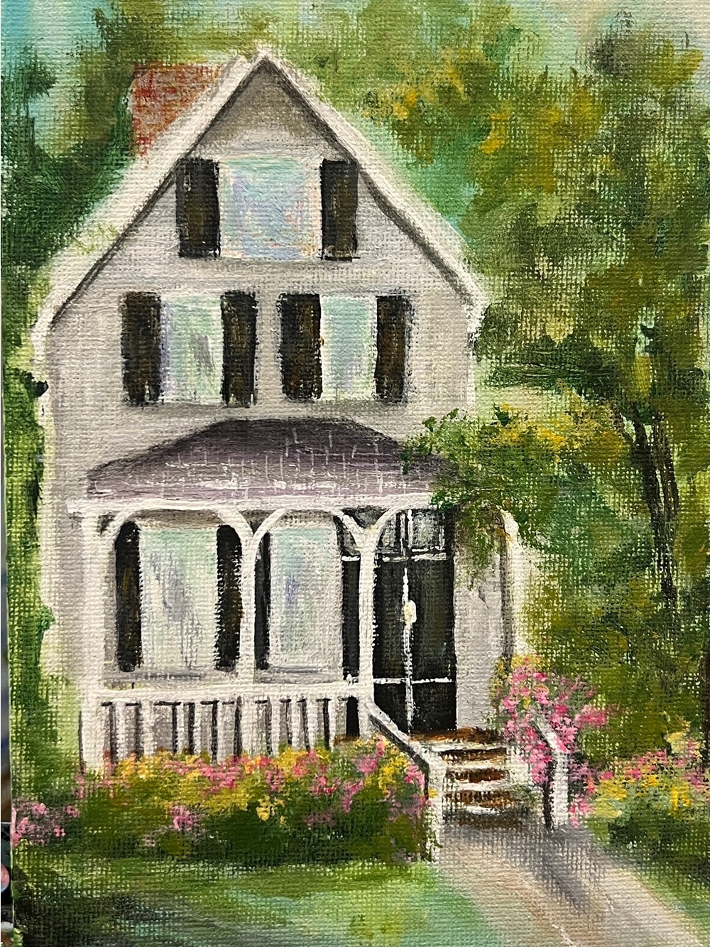 Hand-Painted White Cottage Home Art - Charming Garden Scene